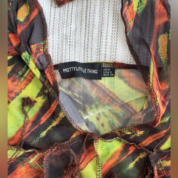 PrettyLittleThing Brown Orange Neon Green Mini Mesh Swim Cover Up Halter Dress - Picture 7 of 8